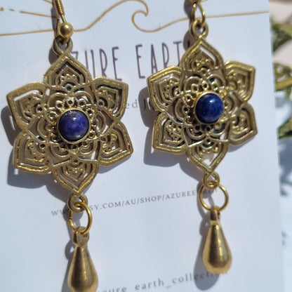 Crystal & Brass Mandala Charm Earrings - Azure Earth Collection - Sparrow and Fox