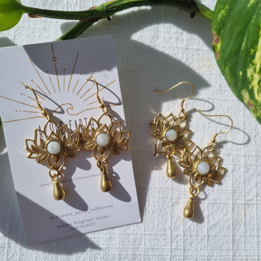 Crystal & Gold Lotus Charm Earrings - Azure Earth Collection - Sparrow and Fox