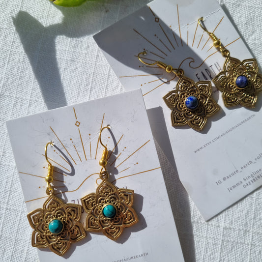 Crystal & Gold Mandala Charm Earrings - Azure Earth Collection - Sparrow and Fox