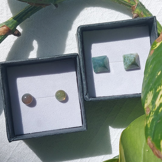 Moss Agate Crystal Cabochon Earrings - Sparrow and Fox
