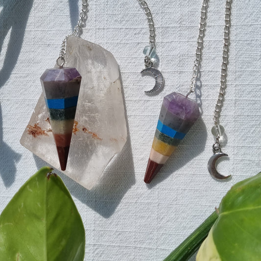 Chakra Pendulum - 6 Faceted with Moon Charm - Sparrow and Fox
