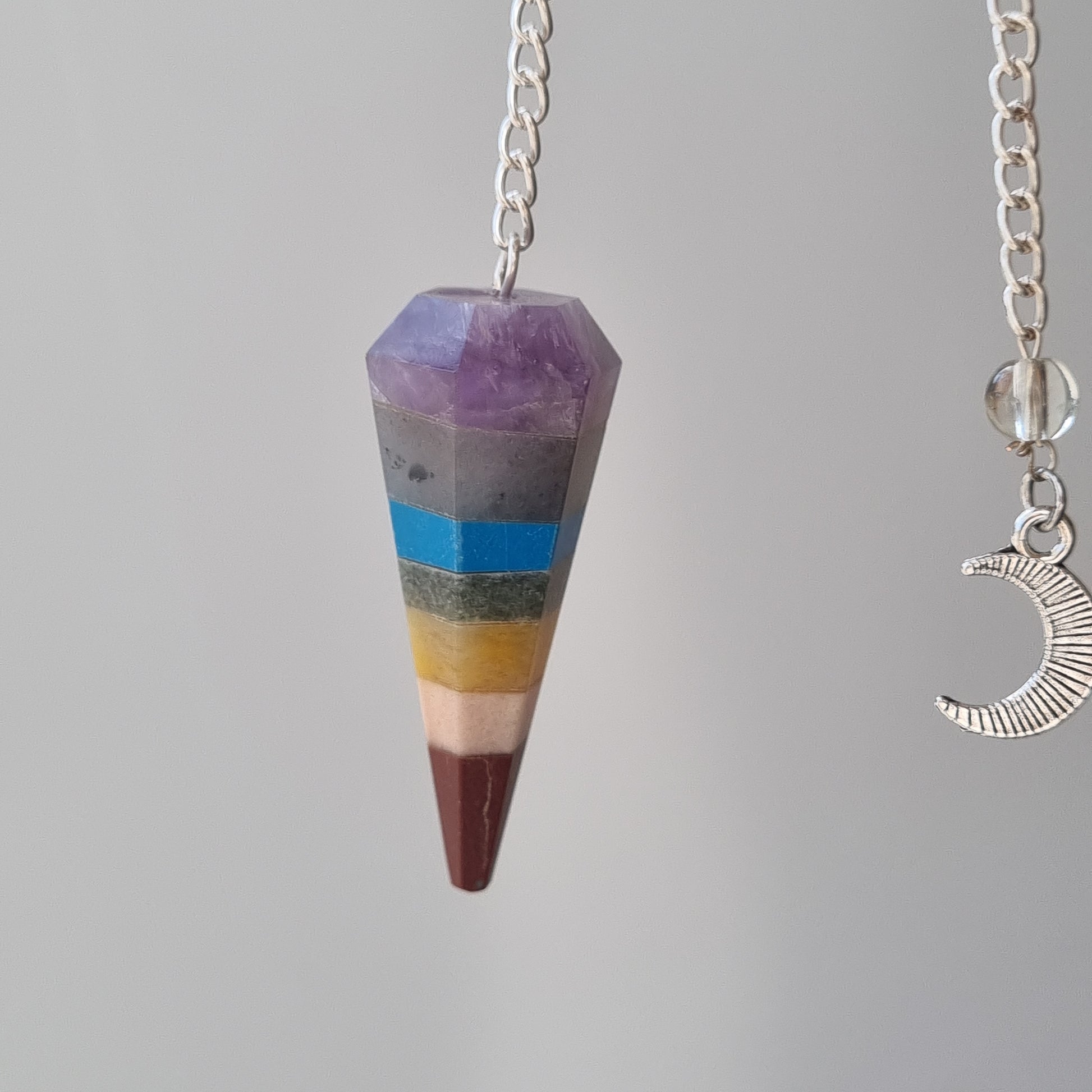 Chakra Pendulum - 6 Faceted with Moon Charm - Sparrow and Fox