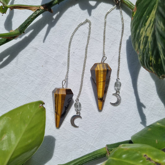 Tigers Eye Pendulum - 6 Faceted with Moon Charm - Sparrow and Fox