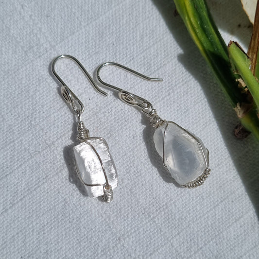 Selenite Silver Drop Earrings – Ray of Sunshine - Sparrow and Fox