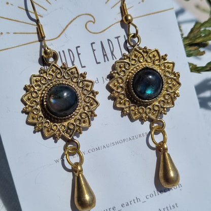 Crystal & Brass Charm Earrings - Azure Earth Collection - Sparrow and Fox