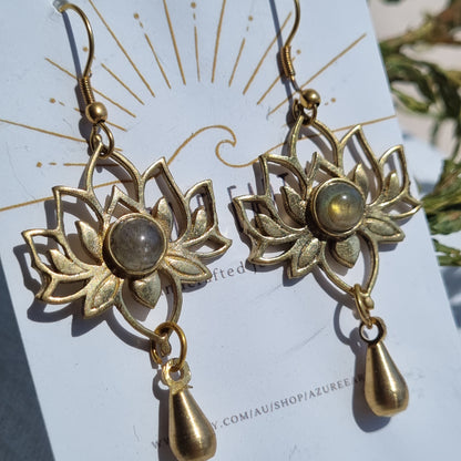 Crystal & Brass Lotus Charm Earrings - Azure Earth Collection - Sparrow and Fox