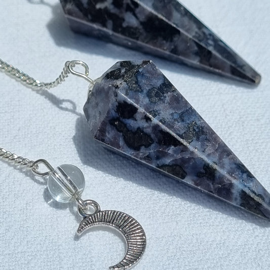 Indigo Gabbro Pendulum - 6 Faceted with Moon Charm - Sparrow and Fox