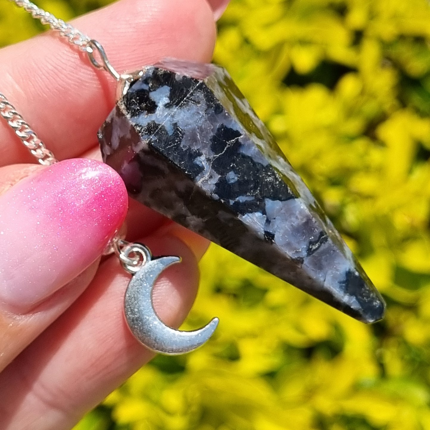 Indigo Gabbro Pendulum - 6 Faceted with Moon Charm - Sparrow and Fox