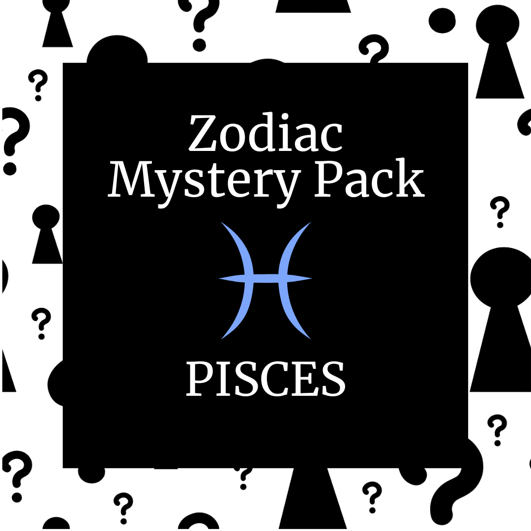 A black square with the text 'Zodiac Mystery Pack PISCES' on it, surrounded by white question marks and shapes in the background.