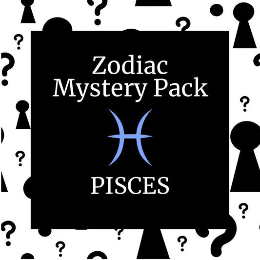 A black square with the text 'Zodiac Mystery Pack PISCES' on it, surrounded by white question marks and shapes in the background.