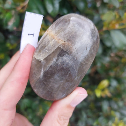 Black Moonstone Palm Stone - Madagascar - Nice flash!