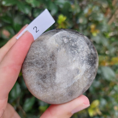 Black Moonstone Palm Stone - Madagascar - Nice flash!