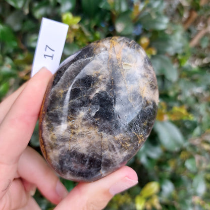 Black Moonstone Palm Stone - Madagascar - Nice flash!