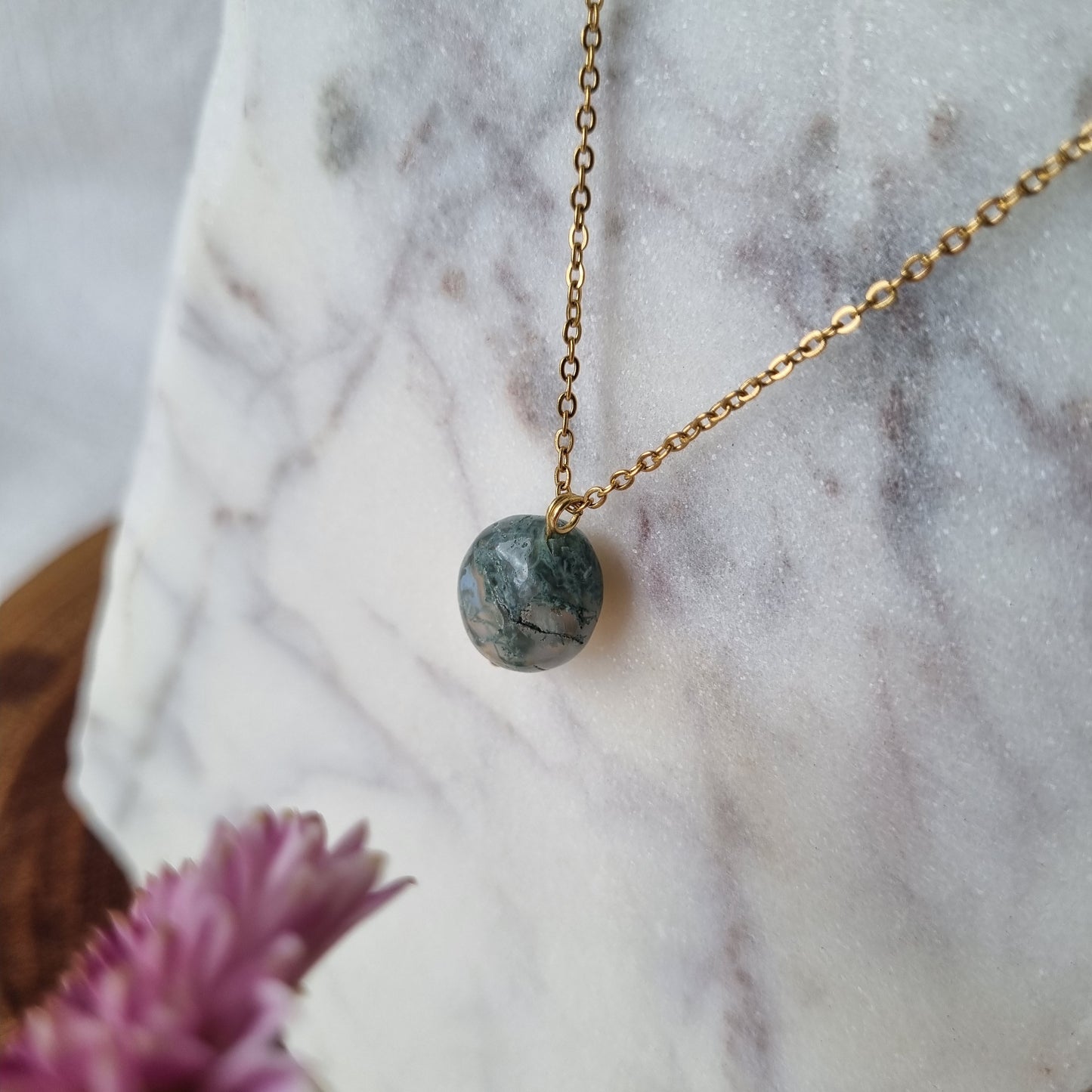 Moss Agate & Gold - Bead Necklace