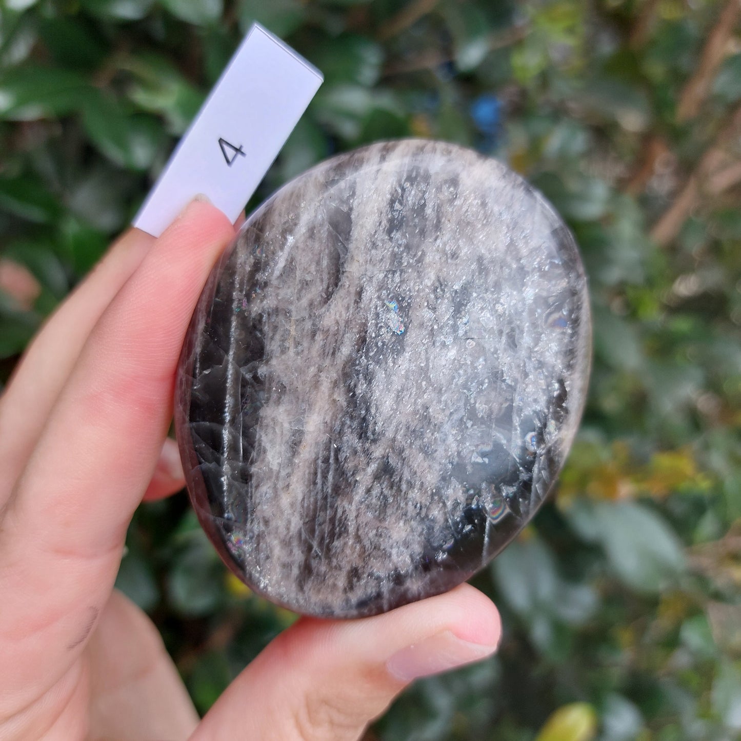 Black Moonstone Palm Stone - Madagascar - Nice flash!