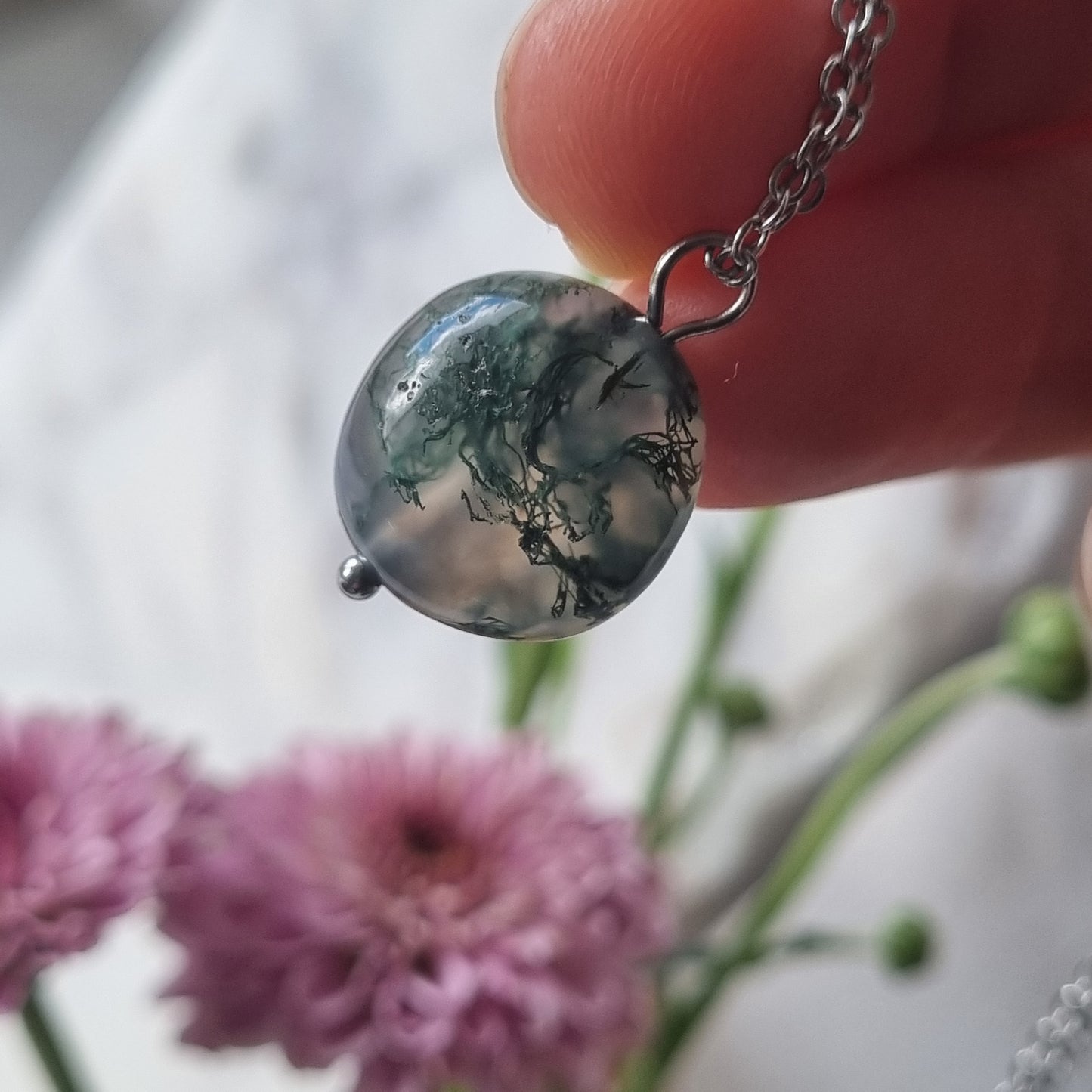 Moss Agate & Silver - Bead Necklace