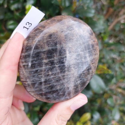 Black Moonstone Palm Stone - Madagascar - Nice flash!