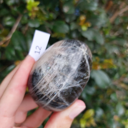 Black Moonstone Palm Stone - Madagascar - Nice flash!