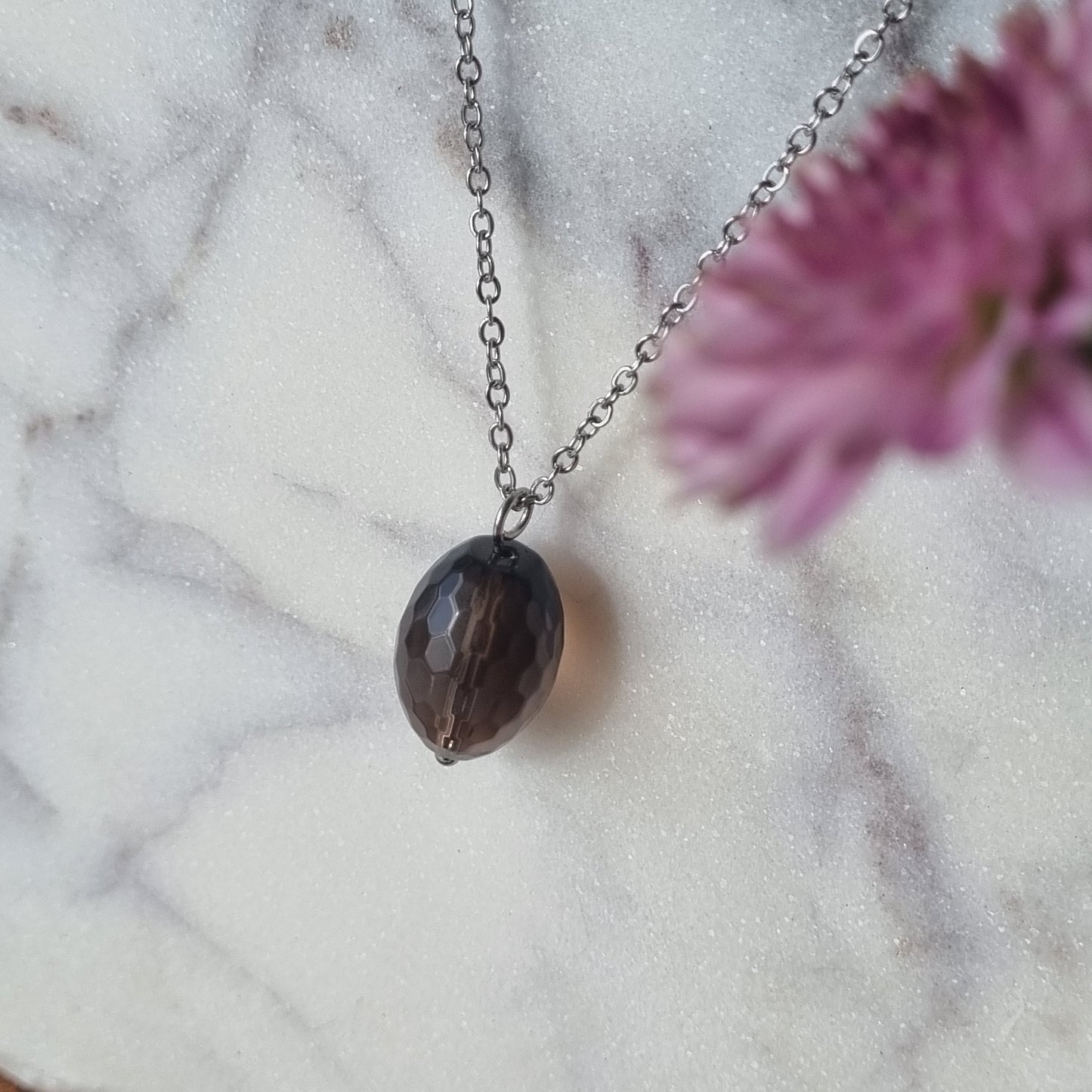Smoky Quartz & Silver - Faceted Bead Necklace