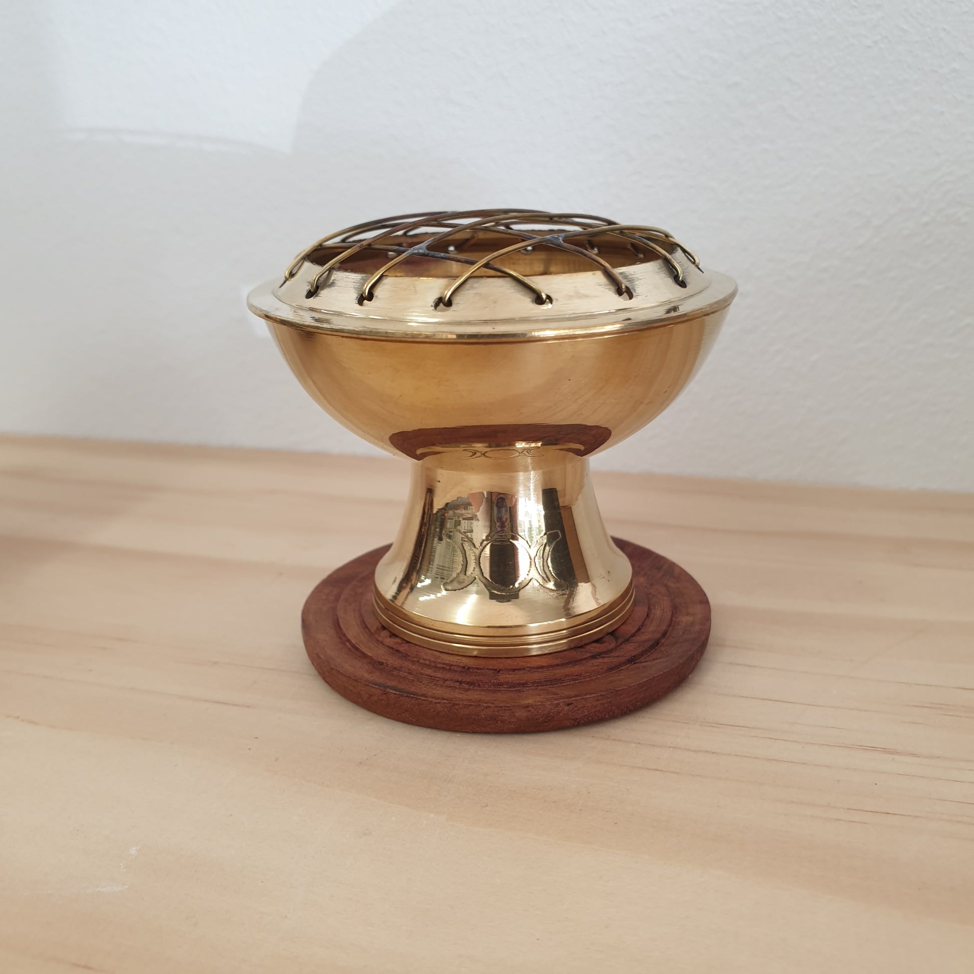 Small Brass charcoal burner with Triple moon and wooden base - Sparrow and Fox