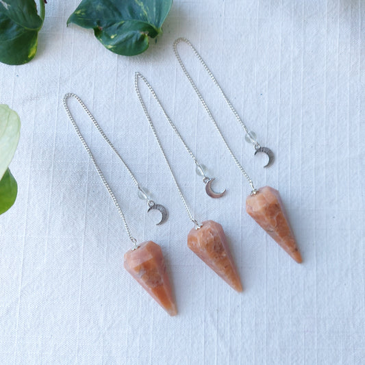 Peach Moonstone Pendulum - 6 Faceted with moon charm - Sparrow and Fox