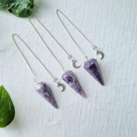 Lepidolite Pendulum - 6 Faceted with Moon Charm - Sparrow and Fox