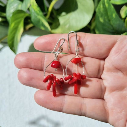 Red Coral Chip Hoop Drop Earrings - Ray of Sunshine - Sparrow and Fox