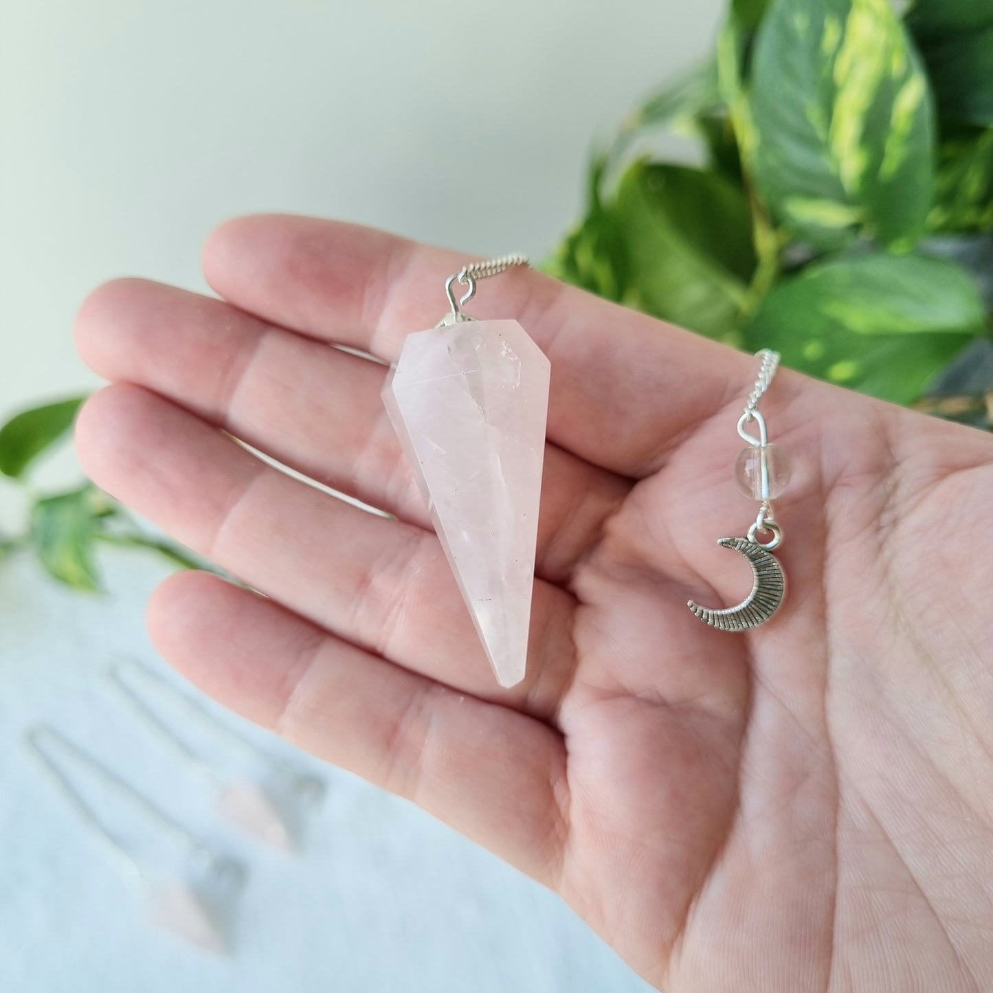 Rose Quartz Pendulum - 6 Faceted with Moon Charm - Sparrow and Fox