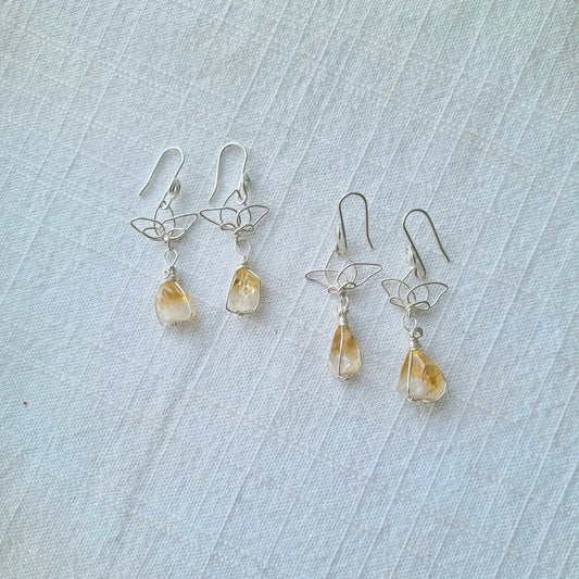 Citrine Point and Silver Lotus Earrings - Ray of Sunshine - Sparrow and Fox