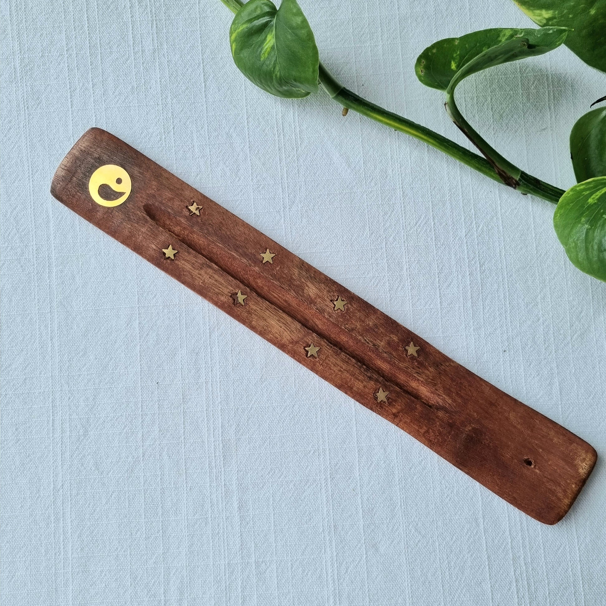 Incense holder/ash catcher - wooden with brass inlay design - Sparrow and Fox
